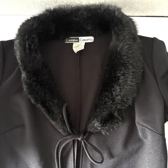 Vintage CALIFORNIA CONCEPTS Fur Collar Jacket Womens M Black 90s Long Tie Front - Picture 5 of 9